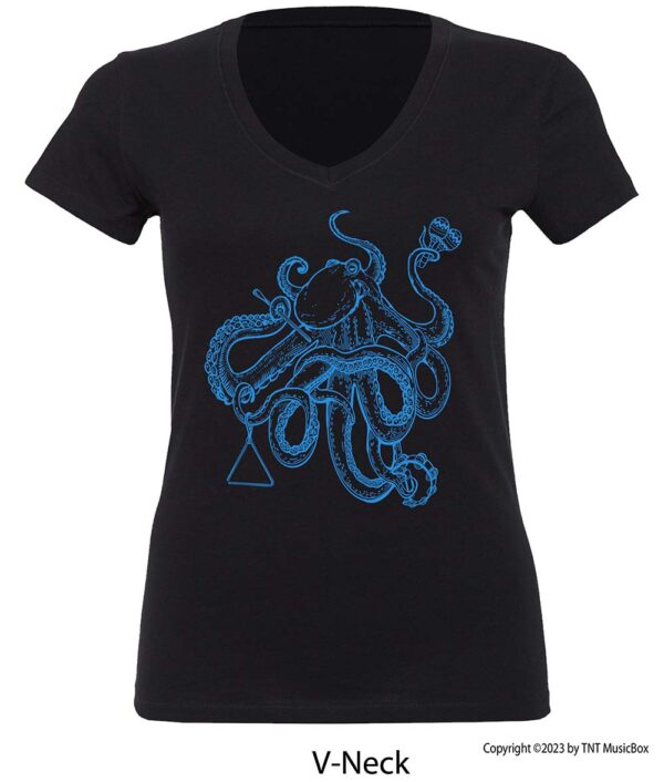 Octopus playing percussion on a V-Neck tee