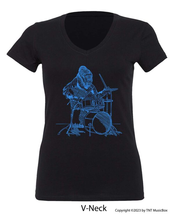 Gorilla playing drums on a V-Neck t-shirt.