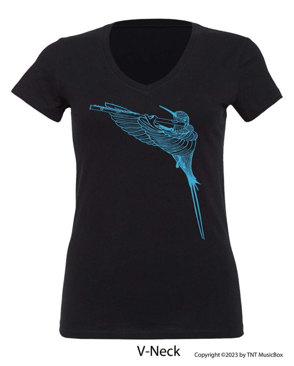 Hummingbird Playing Flute on a V-Neck T-Shirt.