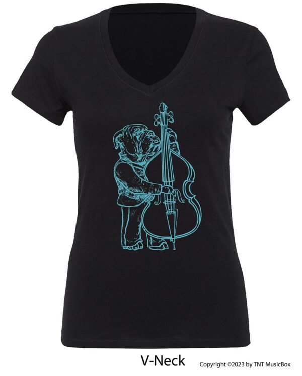 Bulldog Playing Bass Viol on V-Neck Tee