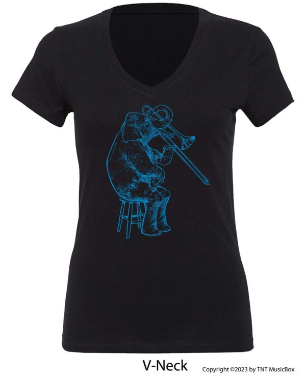 Elephant playing Trombone on a V-Neck T-shirt.