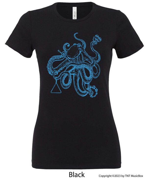 Octopus playing percussion on a black tee