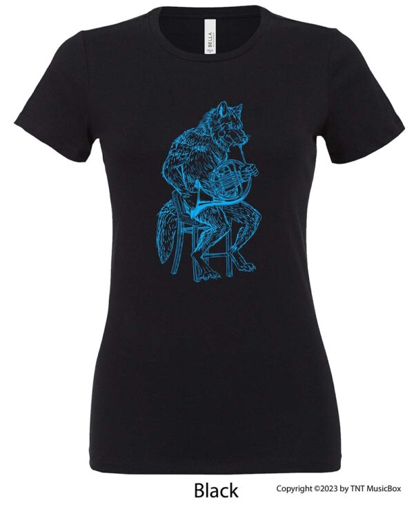 Wolf playing French Horn on a black T-shirt