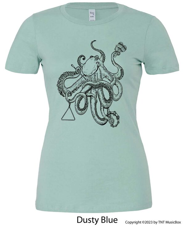 Octopus playing percussion on a Dusty Blue tee