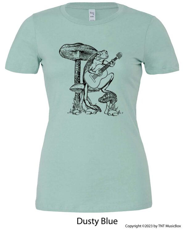 Frog Playing Guitar on a Dusty Blue T-shirt