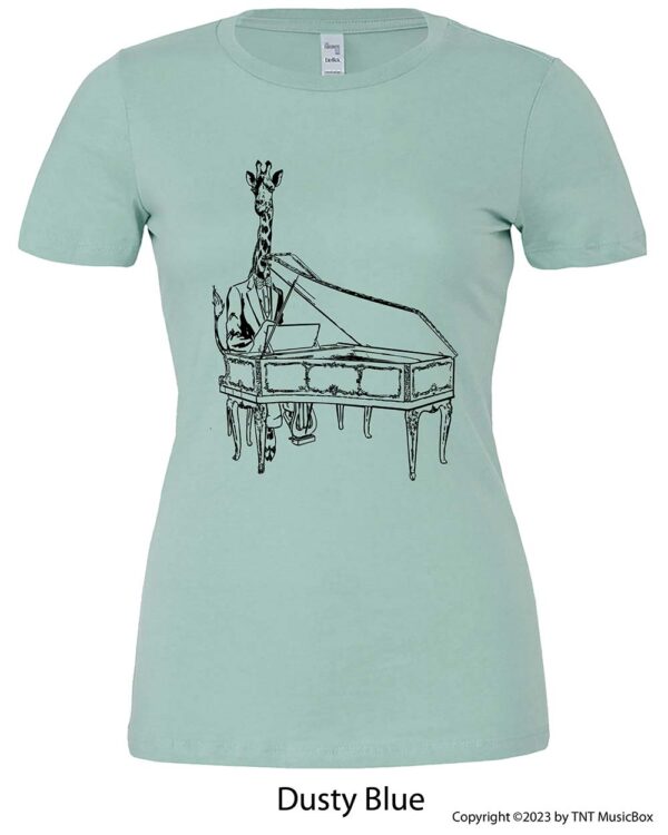 Giraffe Playing Piano on a Dusty Blue Shirt