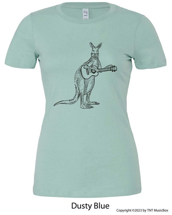 Kangaroo Playing Ukulele on a Dusty BLue shirt