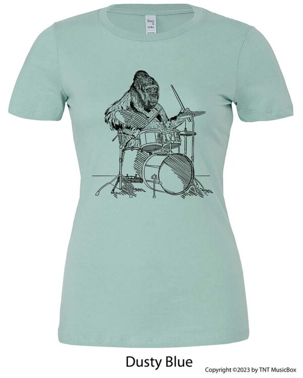 Gorilla playing drums on a Dusty Blue t-shirt.