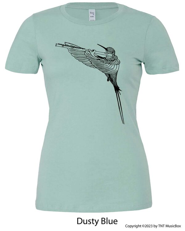 Hummingbird Playing Flute on a Dusty Blue T-Shirt.