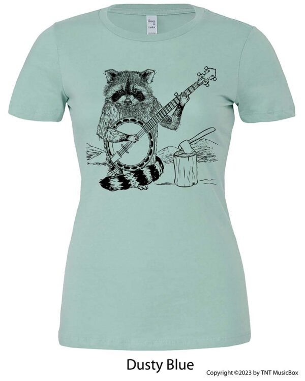 Racoon Playing Banjo on a Dusty Blue Tee