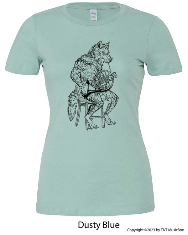 Wolf playing French Horn on a Dusty Blue T-shirt