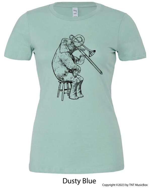 Elephant playing Trombone on a Dusty Blue T-shirt.