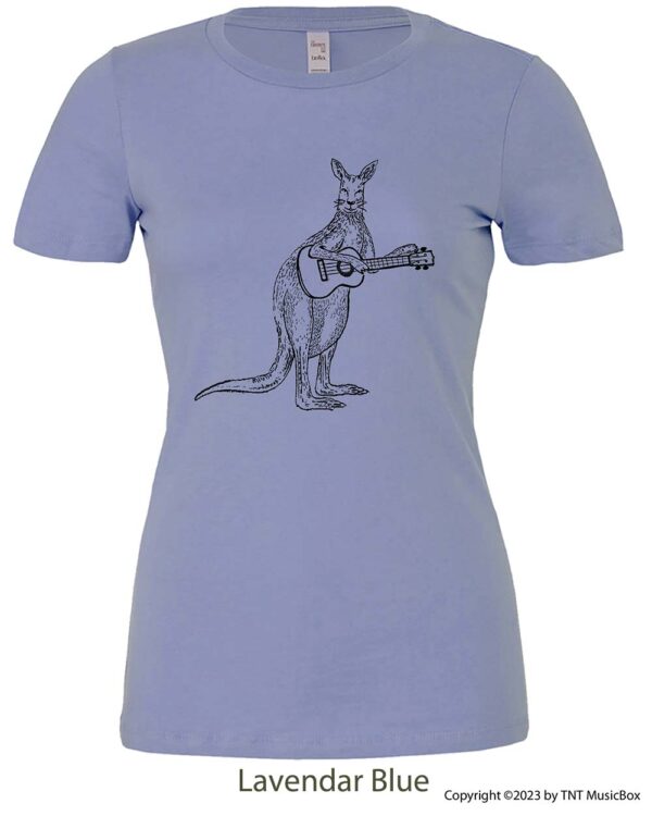 Kangaroo Playing Ukulele on a Lavender BLue shirt