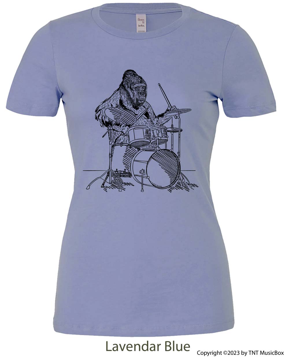 Gorilla playing drums on a Lavender Blue t-shirt.