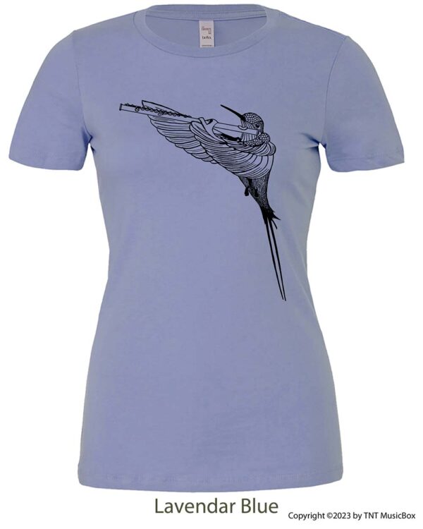 Hummingbird Playing Flute on a Lavender Blue T-Shirt.