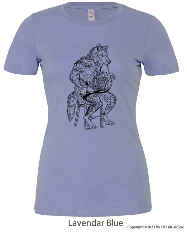 Wolf playing French Horn on a Lavender Blue T-shirt