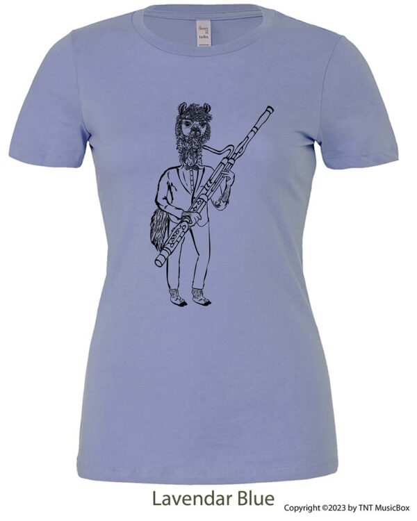 Llama Playing Bassoon on a Lavender Blue T-shirt