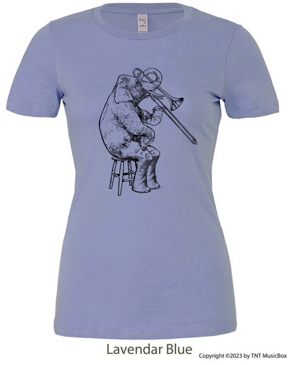 Elephant playing Trombone on a Lavender Blue T-shirt.