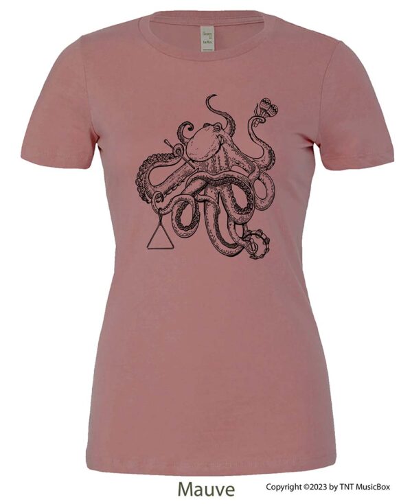 Octopus playing percussion on a mauve tee
