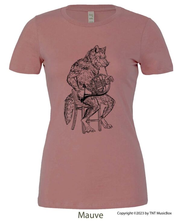 Wolf playing French Horn on a Mauve T-shirt