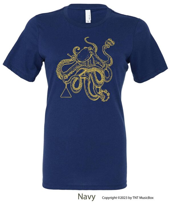 Octopus playing percussion on a navy tee