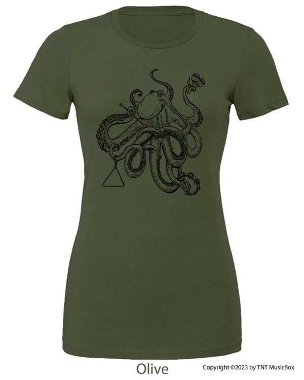 Octopus playing percussion on a olive tee