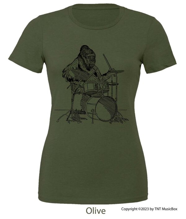 Gorilla playing drums on an Olive t-shirt.