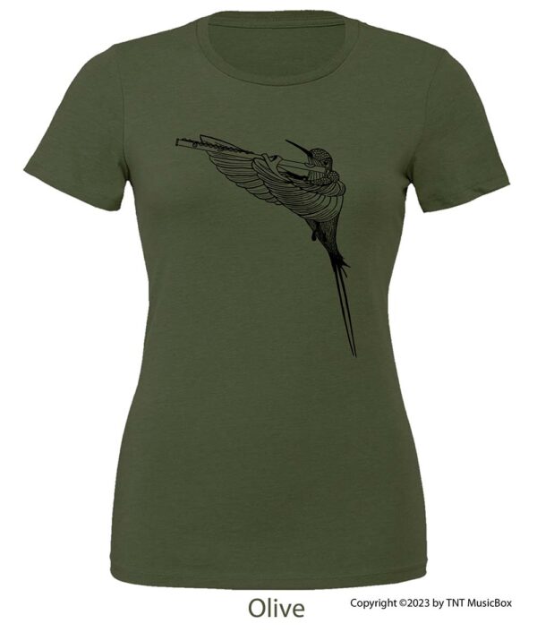 Hummingbird Playing Flute on an Olive T-Shirt.