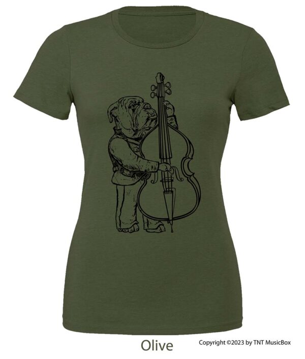 Bulldog Playing Bass Viol on Olive Tee