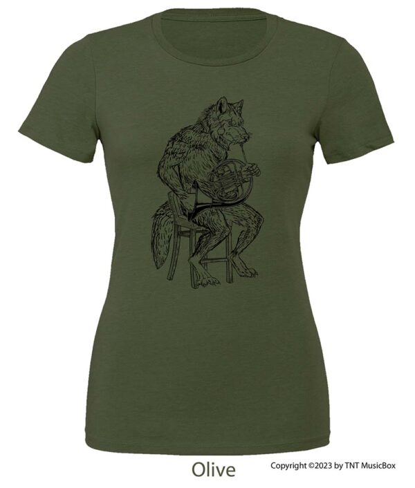 Wolf playing French Horn on an Olive T-shirt