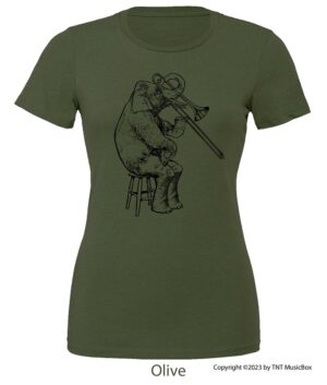 Elephant playing Trombone on an Olive T-shirt.