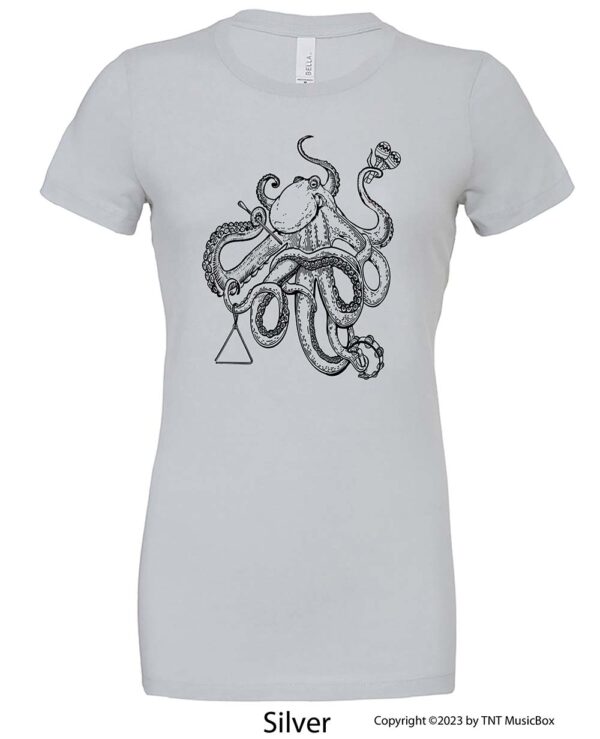 Octopus playing percussion on a silver tee