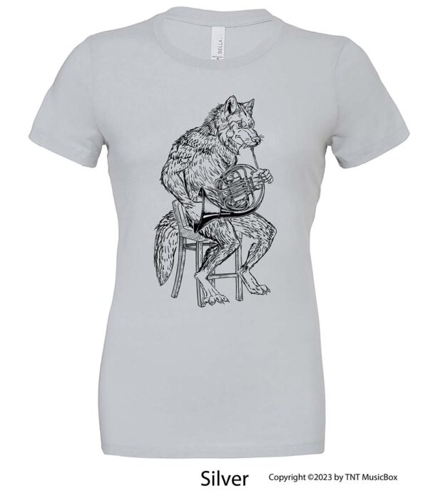 Wolf playing French Horn on a Silver T-shirt