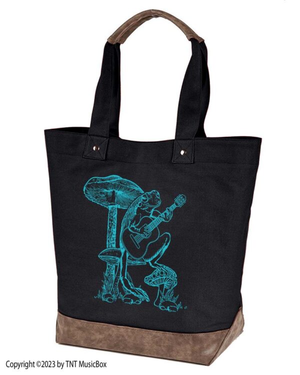 Frog playing guitar graphic on black canvas tote