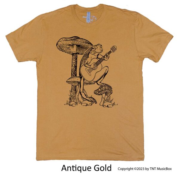 Frog Playing Guitar on an Antique Gold Tee Shirt