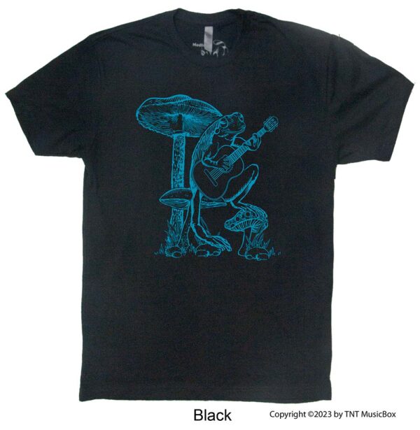 Frog Playing Guitar on a Black Tee Shirt