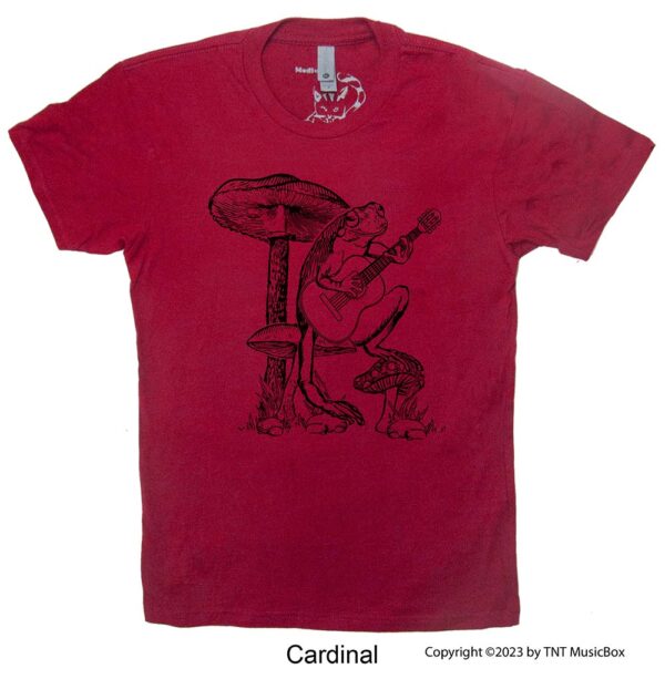 Frog Playing Guitar on a Cardinal Tee Shirt