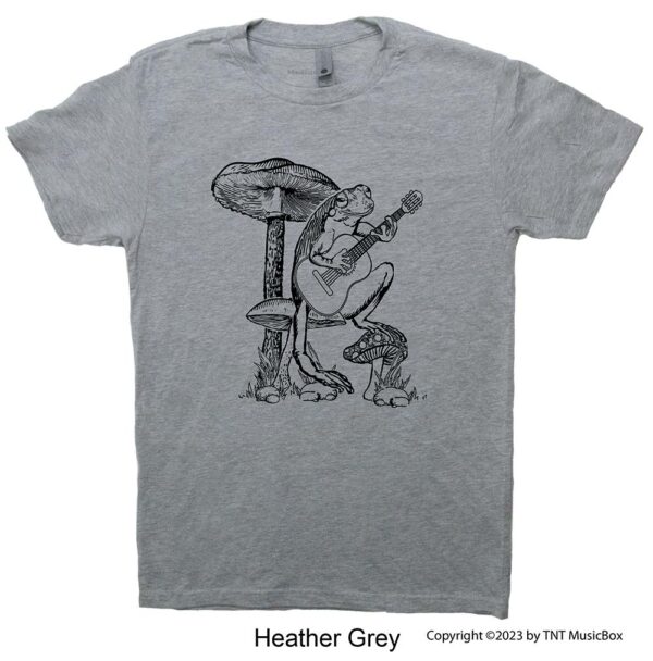 Frog Playing Guitar on a Heather Grey Tee Shirt
