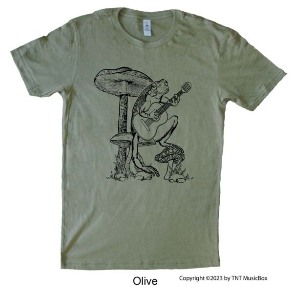 Frog Playing Guitar on an Olive Tee Shirt