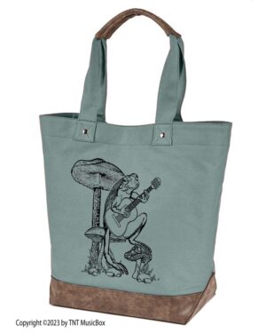 Frog playing guitar graphic on Cypress canvas tote