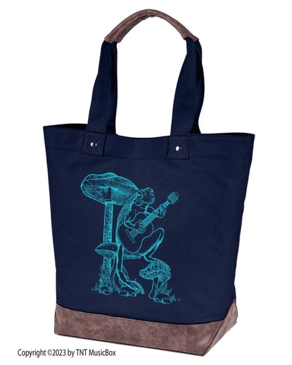 Frog playing guitar graphic on Navy canvas tote