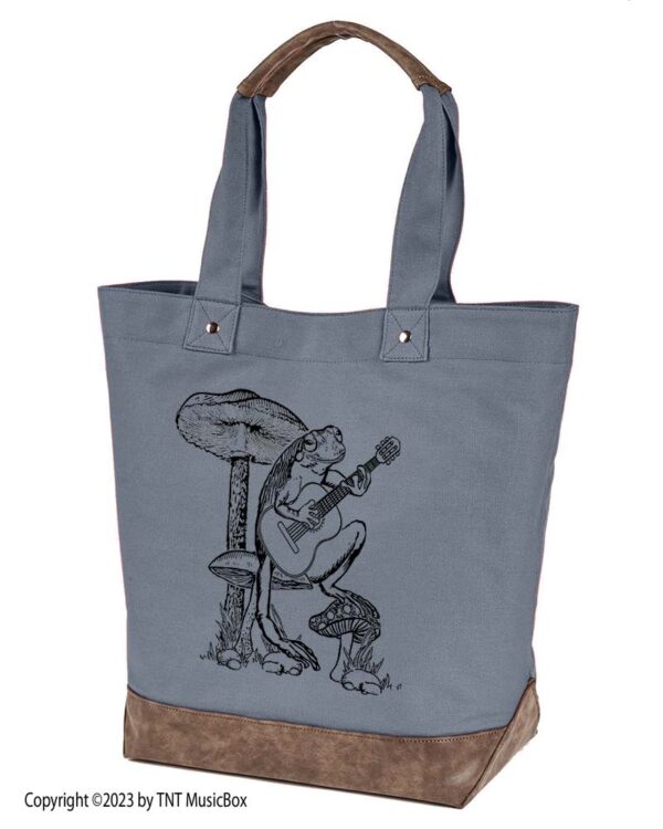 Frog playing guitar graphic on Niagra canvas tote