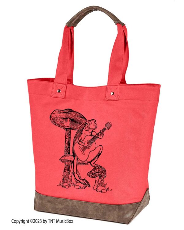 Frog playing guitar graphic on Hibiscus canvas tote