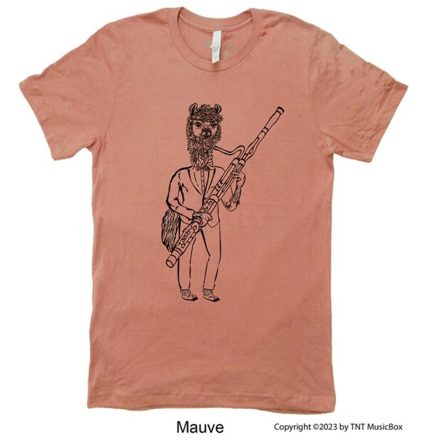 Llama Playing Bassoon on a Mauve T-shirt