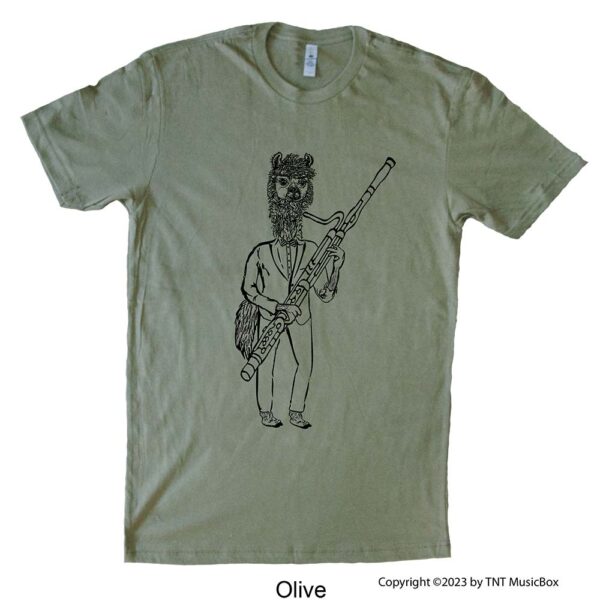 Llama Playing Bassoon on an Olive T-shirt