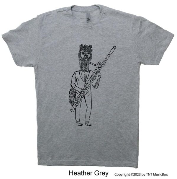 Llama Playing Bassoon on a Heather Grey T-shirt