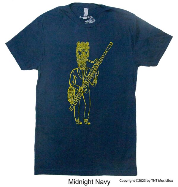 Llama Playing Bassoon on a Navy T-shirt