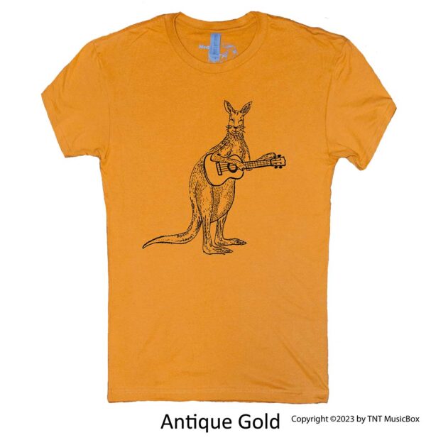 Kangaroo Playing Ukulele on an Antique Gold shirt