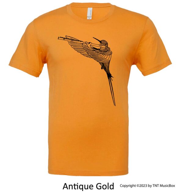 Hummingbird Playing Flute on an Antique Gold T-Shirt.