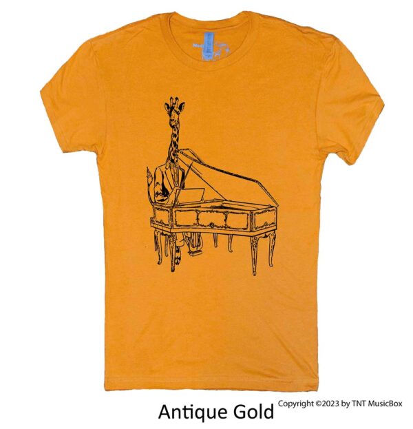 Giraffe Playing Piano on an Antique Gold Shirt